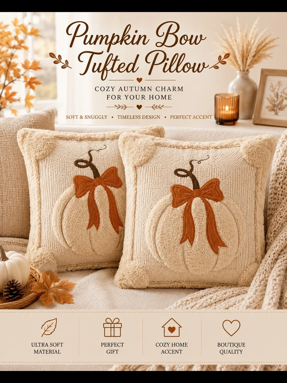 Pumpkin Bow Tufted Pillow - Cream with Orange Bow With Insert